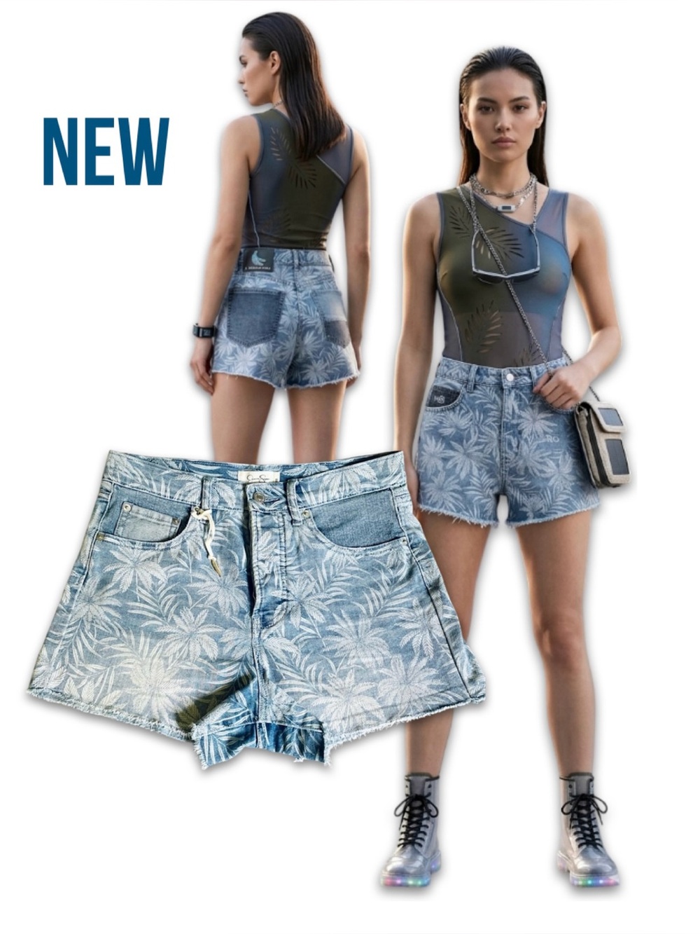 NWOT Jessica Simpson High Rise Palm Tree Print Denim Cutoff Jean Shorts 28